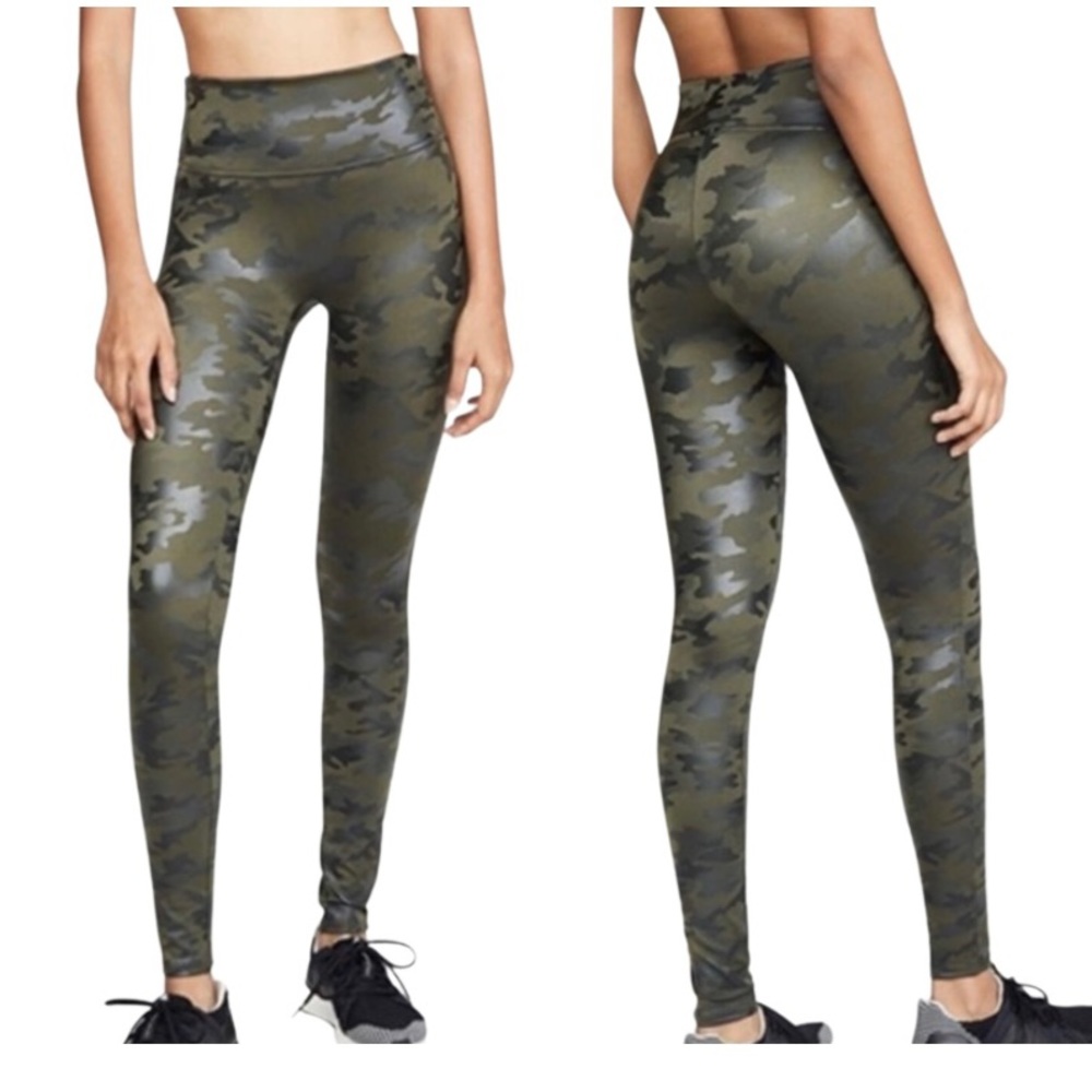 SPANX Faux Leather Leggings in Matte Green Camo